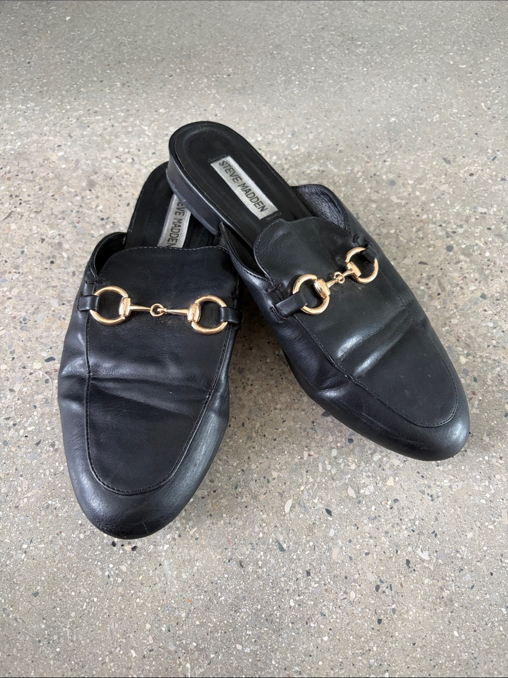 Steve Madden Black Leather Slip-On Mules with Gold Hardware